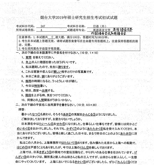 考研真題：2019年煙臺大學外國語學院碩士研究生招生考試初試自命題-247日語（外）