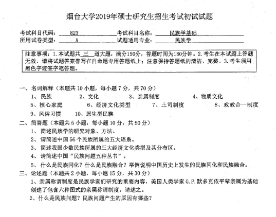 考研真題：2019年煙臺大學馬克思主義學院碩士研究生招生考試初試自命題-823民族學基礎