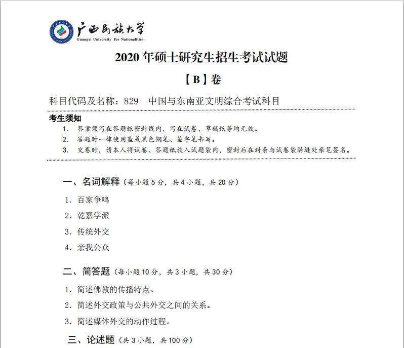 考研真題:廣西民族大學2020年碩士研究生招生考試試題829中國與東南亞文明綜合