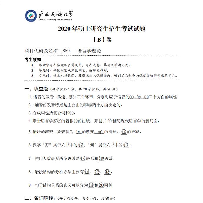 考研真題：廣西民族大學2020年碩士研究生招生考試試題859語言學理論